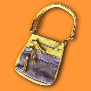 2000s yellow burlap and faux leather purse